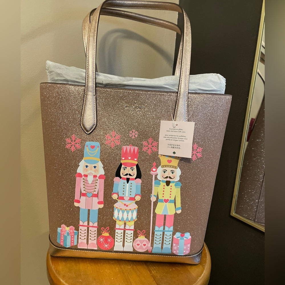 Kate Spade Nutcracker Glitter Tinsel Tote in Rose Gold +Matching Wallet Bundle!